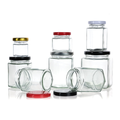 Hexagon Shaped Honey Jam Jar Glass 180ml /280ml / 380ml 250g 390g 500g Food Jars With Cover