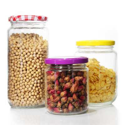 Custom Logo Wholesale Food Grade Transparent Round Food Storage Glass Container Jar With Screw Metal Lid for Food Packing