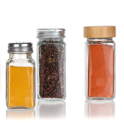 4oz Kitchen Storage Square Container Bottles Acacia Wooden Glass Spice Jars With Bamboo Lids Set