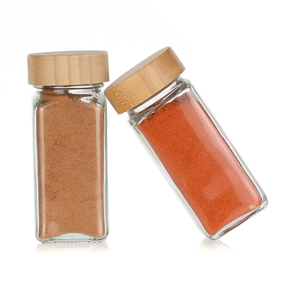 4oz Kitchen Storage Square Container Bottles Acacia Wooden Glass Spice Jars With Bamboo Lids Set