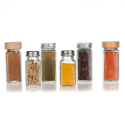 4oz Kitchen Storage Square Container Bottles Acacia Wooden Glass Spice Jars With Bamboo Lids Set