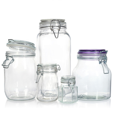 Hot Sale 500ml 1000ml Customized Airtight Lock Lid Glass Jar Square and Round Airtight Storage Glass Jar With Metal Clip Lid
