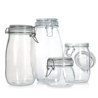 Hot Sale 500ml 1000ml Customized Airtight Lock Lid Glass Jar Square and Round Airtight Storage Glass Jar With Metal Clip Lid