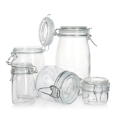 Hot Sale 500ml 1000ml Customized Airtight Lock Lid Glass Jar Square and Round Airtight Storage Glass Jar With Metal Clip Lid