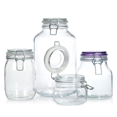 Hot Sale 500ml 1000ml Customized Airtight Lock Lid Glass Jar Square and Round Airtight Storage Glass Jar With Metal Clip Lid