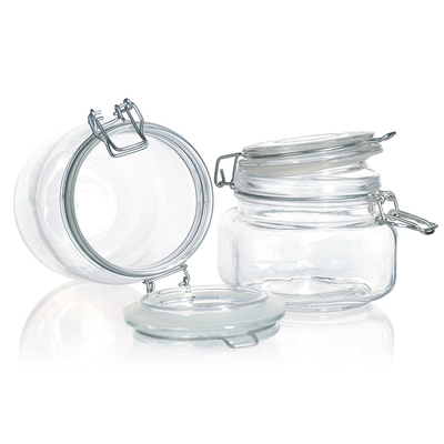Hot Sale 500ml 1000ml Customized Airtight Lock Lid Glass Jar Square and Round Airtight Storage Glass Jar With Metal Clip Lid