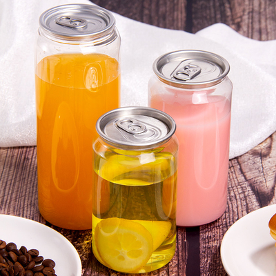 Customized 350ml 450ml 550ml Clear Plastic Cans for Milk Tea Juice With Aluminum Easy Open Lid