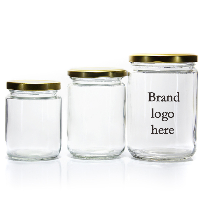 Custom Logo Wholesale Food Grade Transparent Round Food Storage Glass Container Jar With Screw Metal Lid for Food Packing