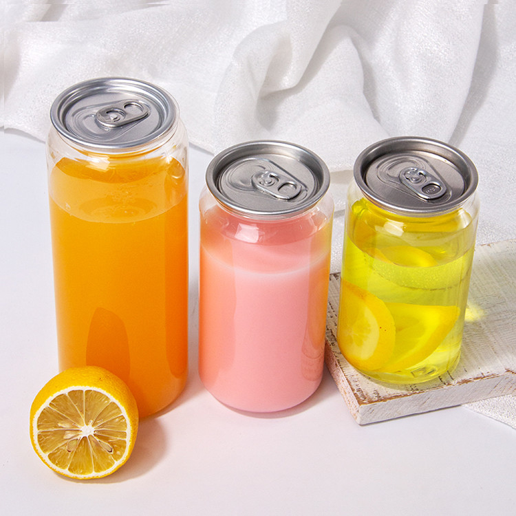 250 Ml 330 Ml 350 Ml 500 Ml 650 Ml 700 Ml Transparent Plastic Can Soda Bottle With Aluminum Lid Customized Pet Cans